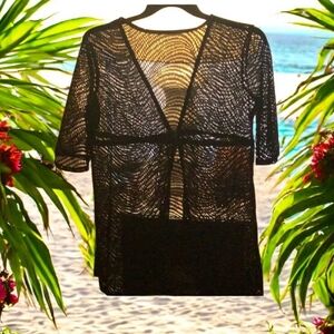 Crocheted beach coverup black ties in front size L Sexy over bikini 👙